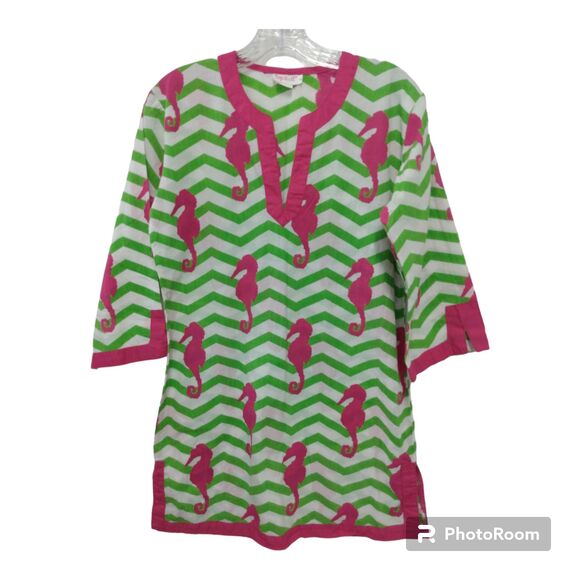 Womens Small Tunic Top Coverup Green Pink Seahorse Coastal Beach Resort Cruise - Picture 1 of 8